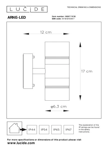 Lucide ARNE-LED - Wall spotlight / Wall light Indoor/Outdoor - Ø 6,3 cm - LED - GU10 - 2x5W 2700K - IP44 - Black - technical